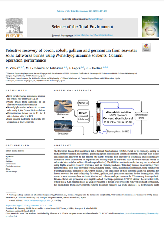 Selective recovery of boron, cobalt, gallium and germanium from seawater solar saltworks brines